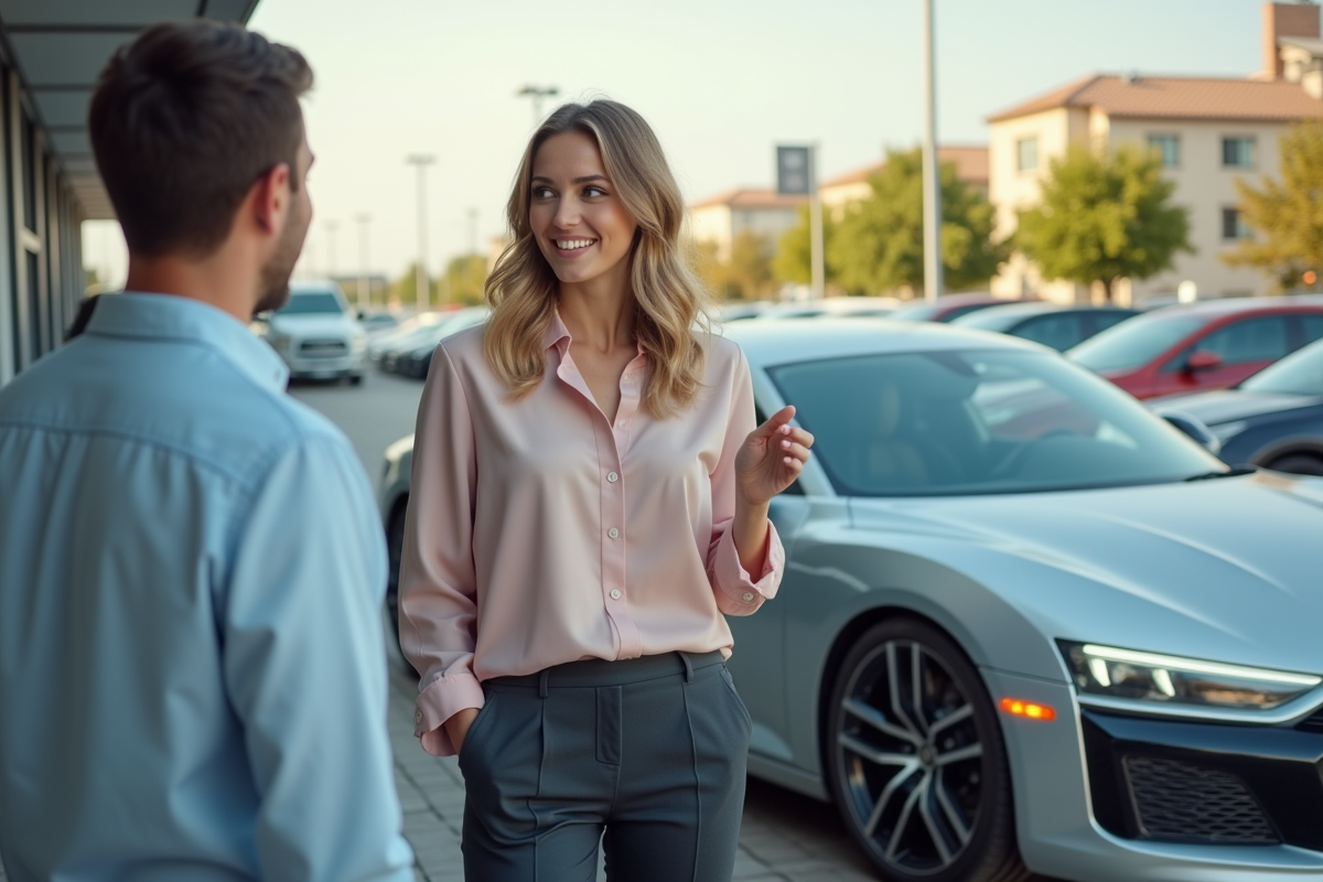Jeune femme indique une voiture dans un concessionnaire extérieur