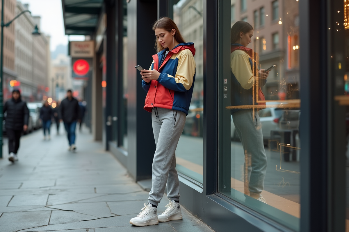 Jeune femme avec veste colorblock vérifiant son téléphone