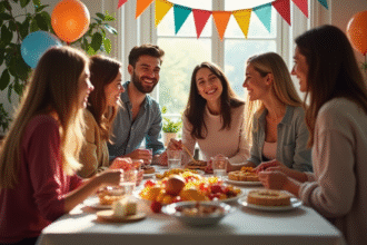 Groupe d'amis riant autour d'un buffet maison décoré