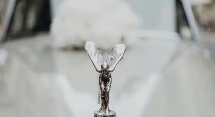 silver angel figurine on car