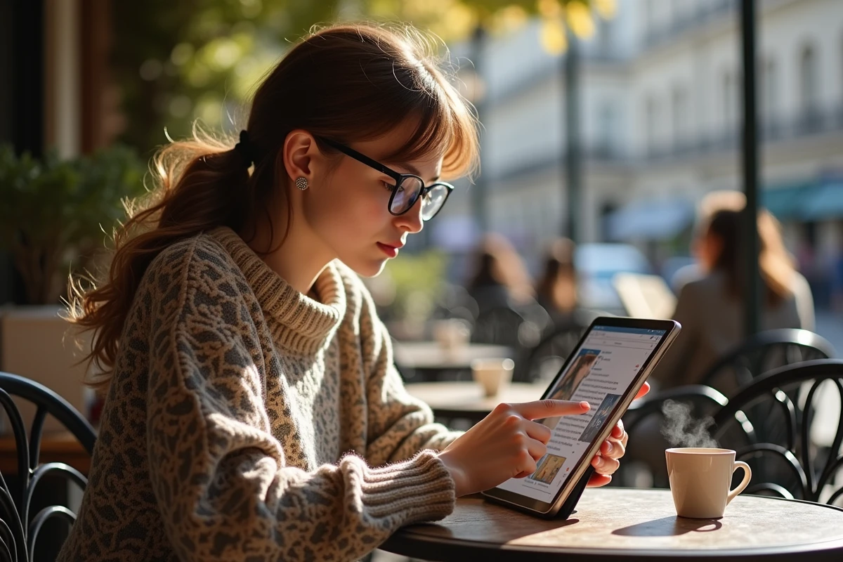 Jeune femme lisant un manga BL sur une tablette dans un café en plein air