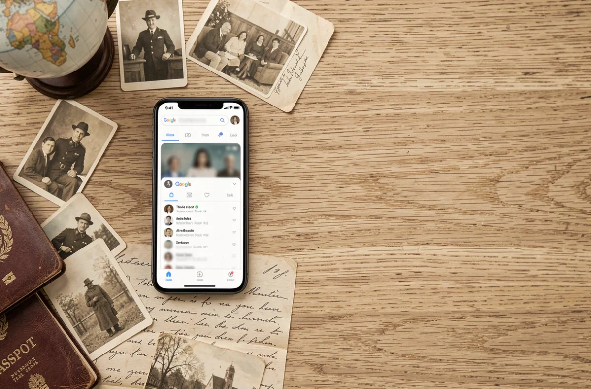 Composition flat-lay d'objets liés à la généalogie et à la recherche d'identité sur internet incluant un smartphone avec Google et de vieilles photographies