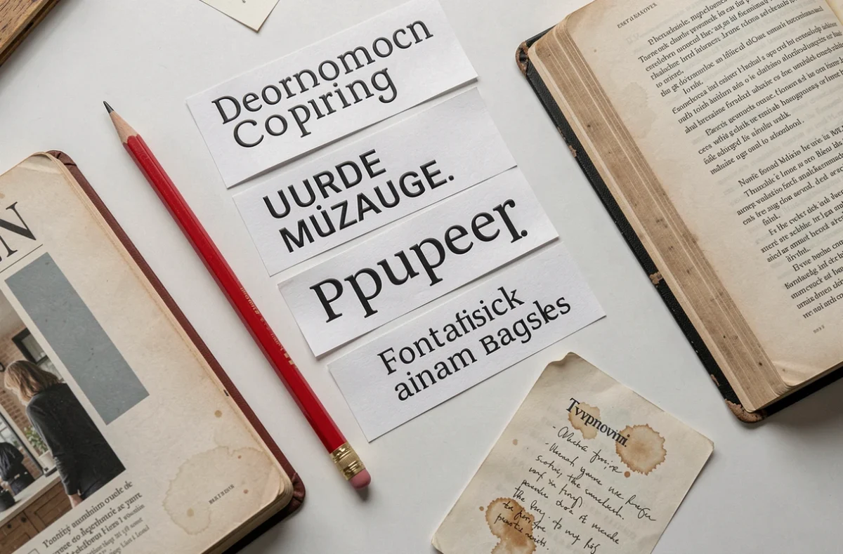 Flat-lay éditorial de cartes typographiques avec erreurs de mariage serif et sans-serif, manuel de typographie ouvert et annotations au crayon rouge