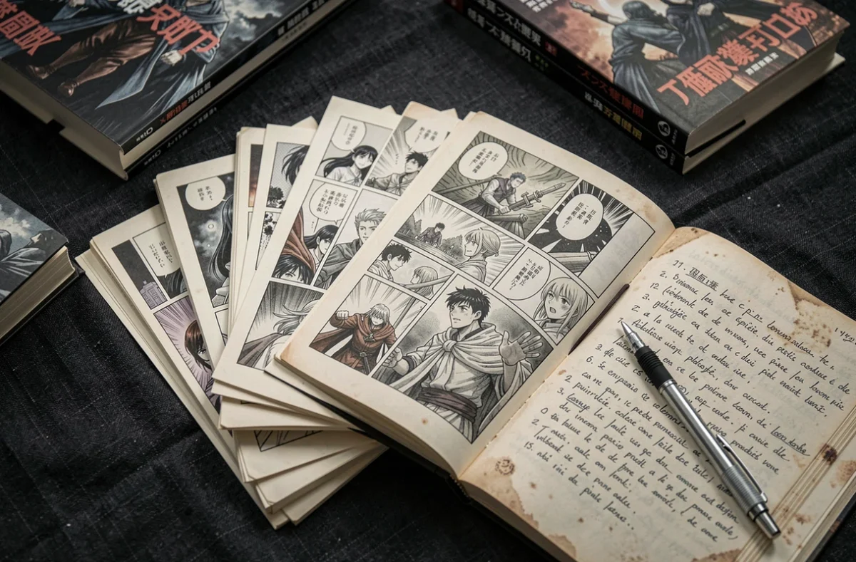 Flat lay de volumes manga Lune démoniaque ouverts avec annotations manuscrites sur fond lin anthracite