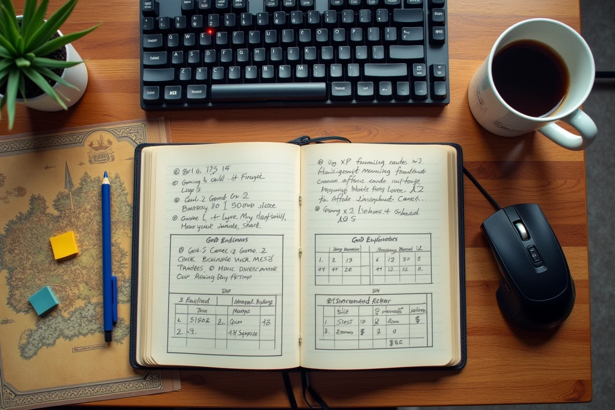 Flatlay bureau gamer avec carnet de stratégie manuscrit pour optimiser l'XP et gérer son budget dans un MMORPG