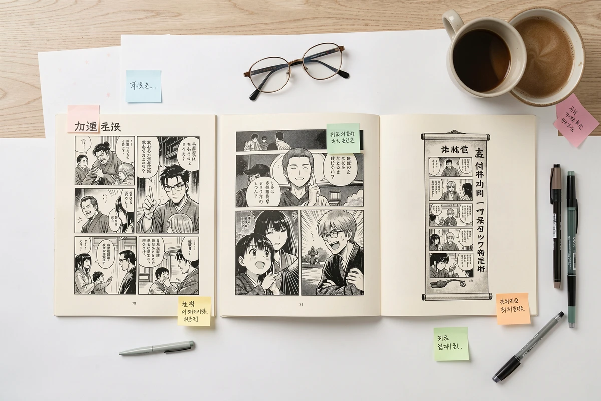 Vue aérienne d'un bureau avec trois formats de bandes dessinées asiatiques côte à côte : manhua chinois, manga japonais et webtoon coréen