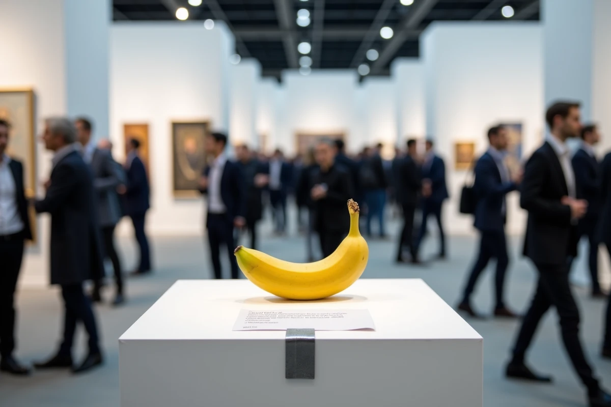 Foire d'art contemporain avec une banane scotchée au mur comme pièce maîtresse, collectionneurs et visiteurs en arrière-plan