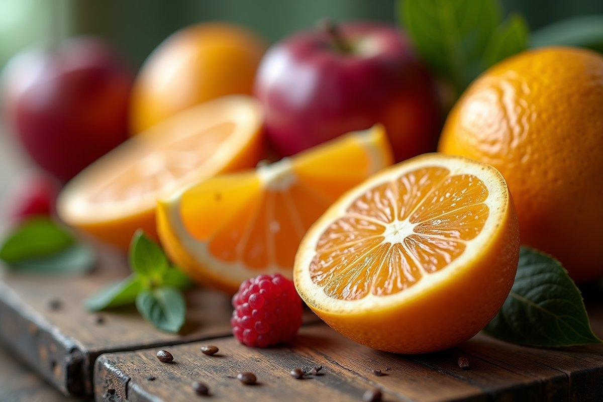 Fruits exotiques tranchés et entiers sur une table en bois