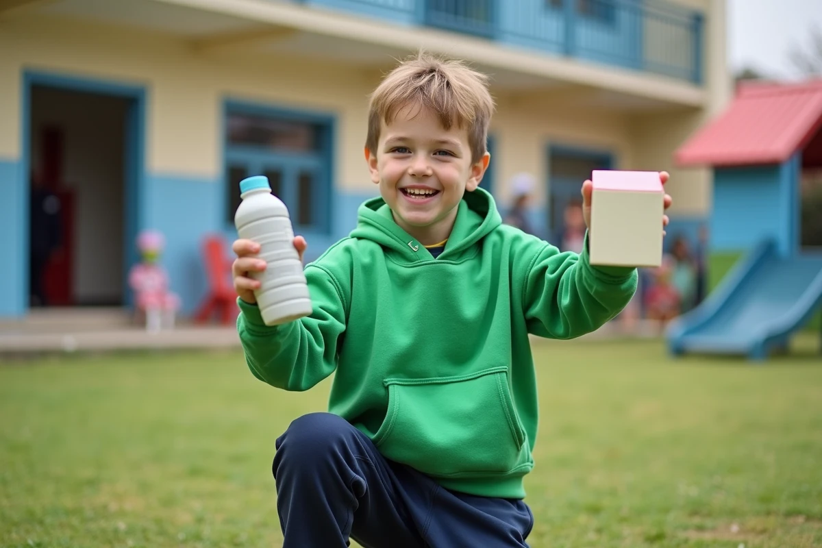 Garçon de 10 ans jouant avec cubes et bouteille en plein air