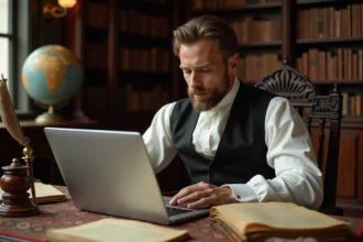 Homme en tenue historique du XIXe siècle assurant la rédaction d'une lettre authentique sur un bureau ancien avec un ordinateur portable ouvert