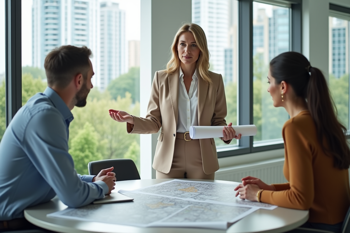Femme gestionnaire avec plans et collègues en bureau lumineux