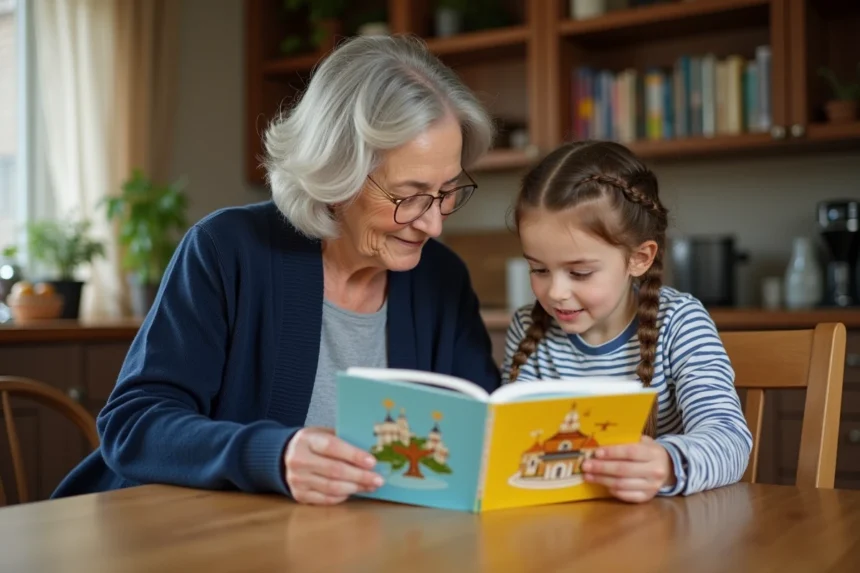 Grand-mère expliquant les différentes religions chrétiennes à une petite fille autour d'un livre illustré sur la table de cuisine