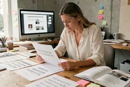 Graphiste comparant des spécimens de polices serif et sans-serif imprimés sur un bureau en bois dans un studio de design contemporain