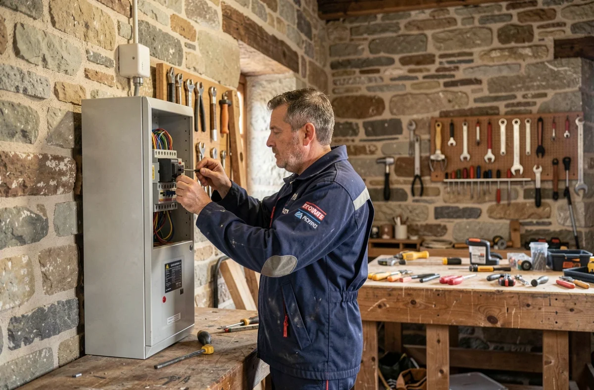 Électricien de Grobelec inspectant un tableau électrique dans un atelier artisanal à Courvières dans le Doubs