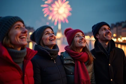 Groupe d'amis regardant le feu d'artifice du Nouvel An 2026 sur les bords de Saône à Lyon