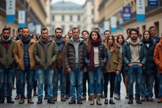 Groupe divers d'adultes et jeunes dans une place urbaine