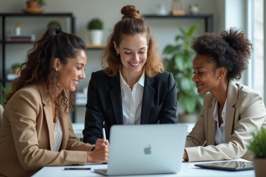 Trois professionnels en réunion dans un bureau lumineux