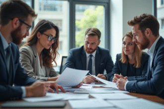 Groupe de professionnels dans un bureau lumineux avec documents CRCA 22