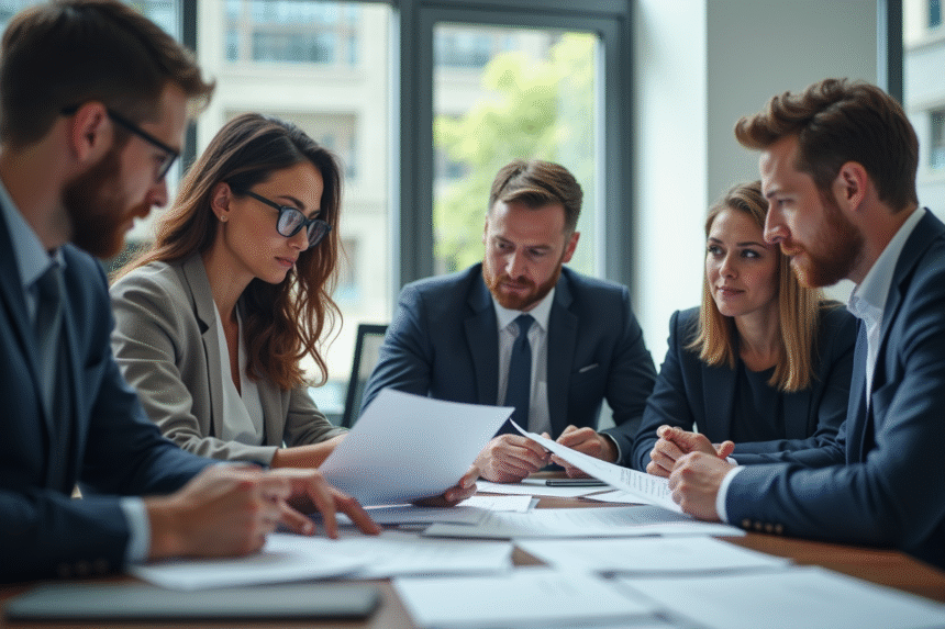 Groupe de professionnels dans un bureau lumineux avec documents CRCA 22