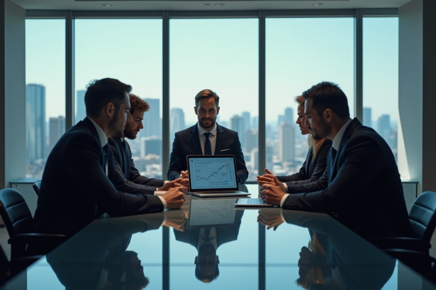 Groupe de professionnels en réunion avec graphiques financiers