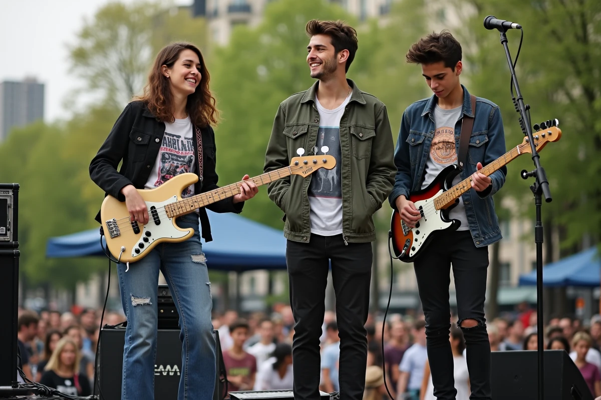 Jeunes musiciens en préparation sur scène dans un parc urbain