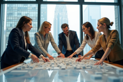 Groupe d'urbanistes discutant autour d'un modèle de ville