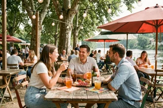 Terrasse animée de la guinguette de La Madeleine au bord de l'eau, avec des amis attablés autour de boissons et planches lors d'un week-end d'été à Lille
