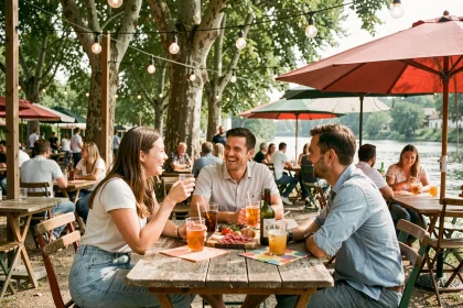 Terrasse animée de la guinguette de La Madeleine au bord de l'eau, avec des amis attablés autour de boissons et planches lors d'un week-end d'été à Lille