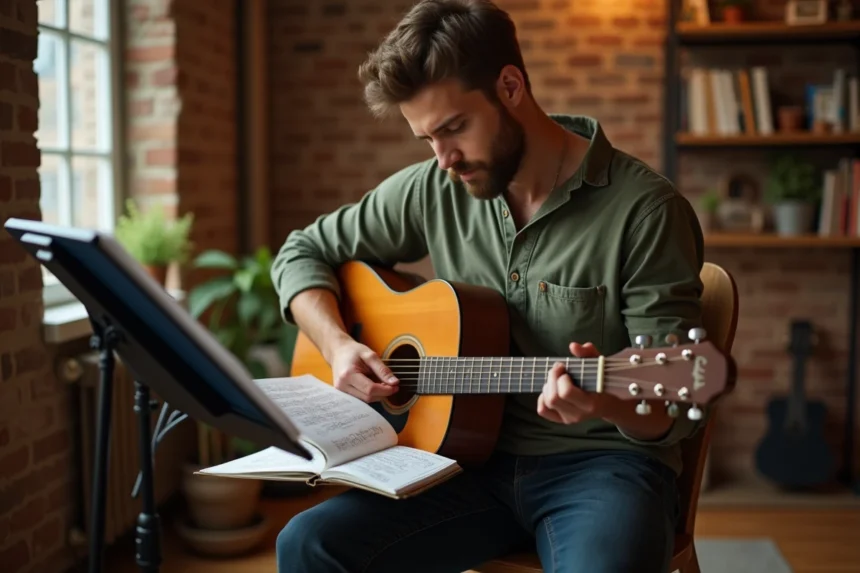 Guitariste étudiant une partition de musique formelle comparée à une tablature manuscrite dans un studio home recording chaleureux