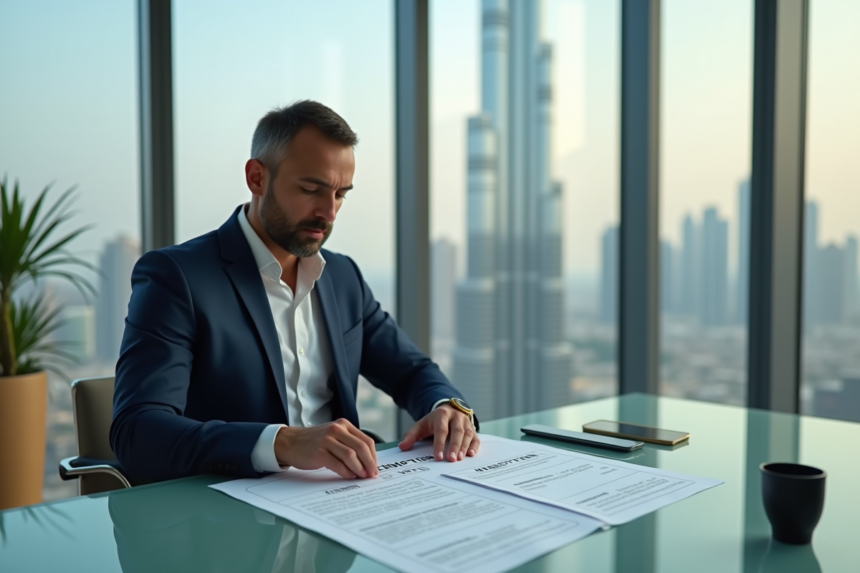 Homme d'affaires en costume dans un bureau avec vue sur Dubai