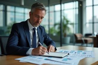 Homme d'affaires en réunion examinant des feuilles de calcul