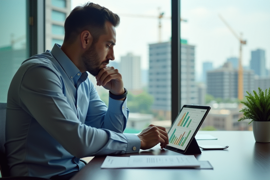 Homme d'affaires étudiant des graphiques immobiliers