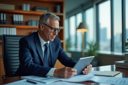 Homme d'affaires en costume regardant des graphiques