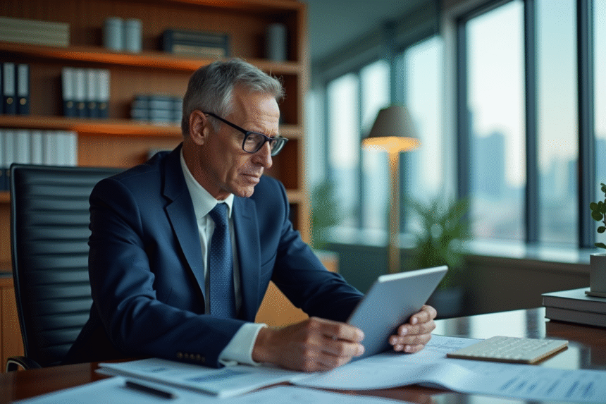 Homme d'affaires en costume regardant des graphiques