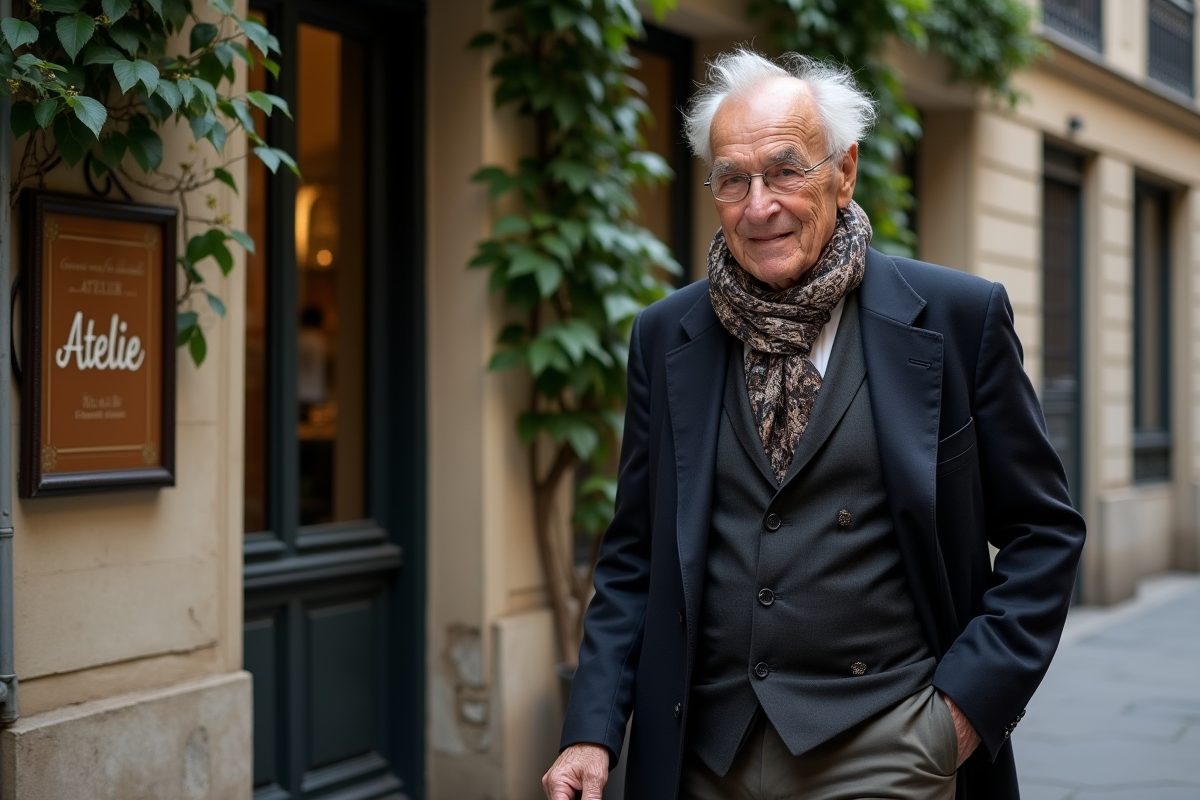 Homme âgé marchant devant un atelier parisien ancien