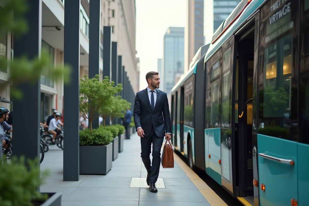 Homme d affaires sortant d un bus électrique en centre ville