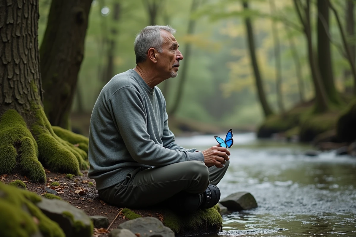 Homme assis en forêt avec un papillon bleu posé sur son genou près d'un ruisseau, représentant la transformation personnelle et la signification symbolique du papillon bleu