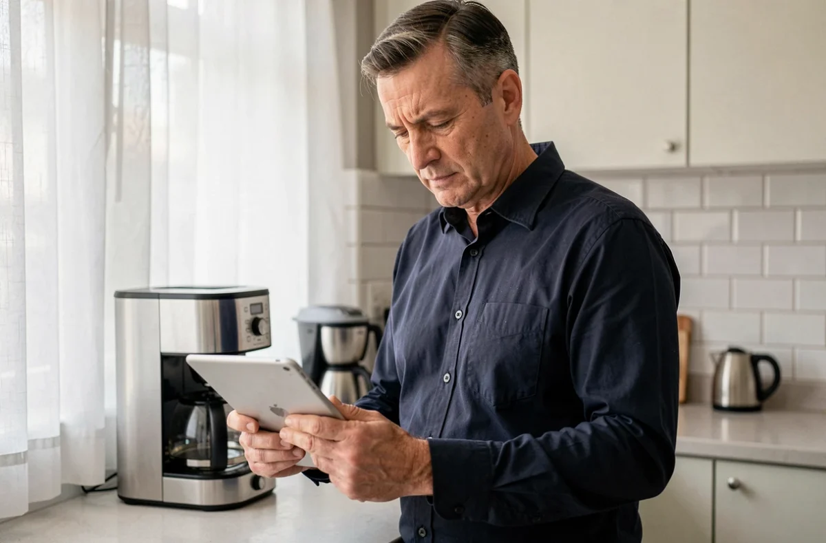 Homme d'âge mûr lisant des actualités en ligne sur une tablette dans une cuisine moderne