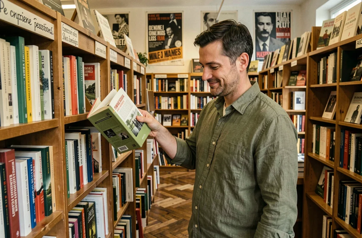 Homme feuilletant des livres d'histoire de France dans une librairie indépendante parisienne