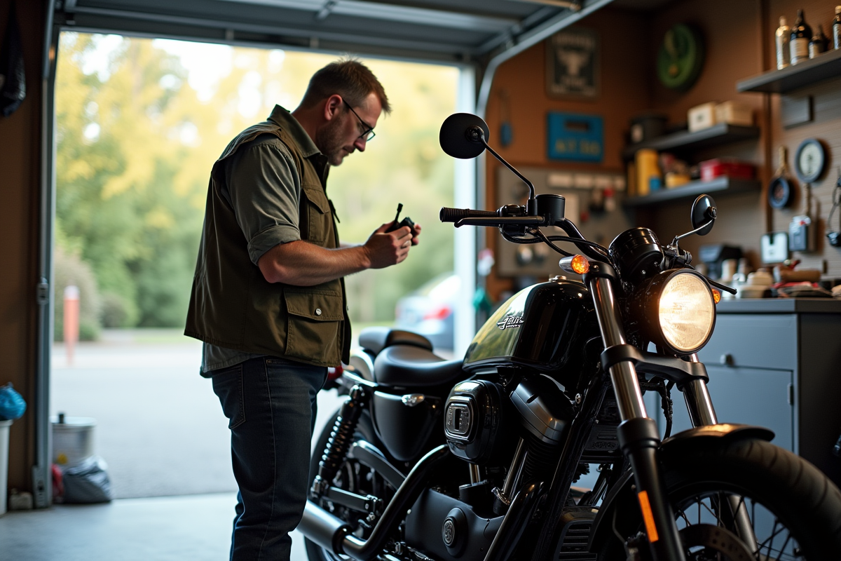 Homme installant des miroirs sur sa moto Dax dans son garage