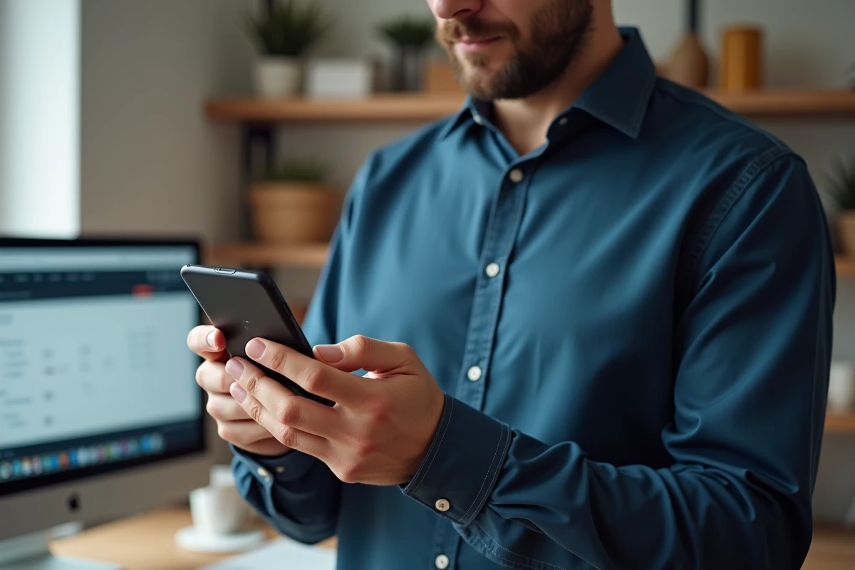 Homme configurant le blocage d'un numéro de téléphone inconnu sur son smartphone dans un bureau à domicile avec suivi de commande Amazon visible