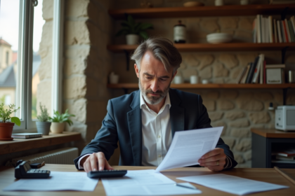 Homme d'âge moyen triant des papiers fiscaux dans un appartement parisien