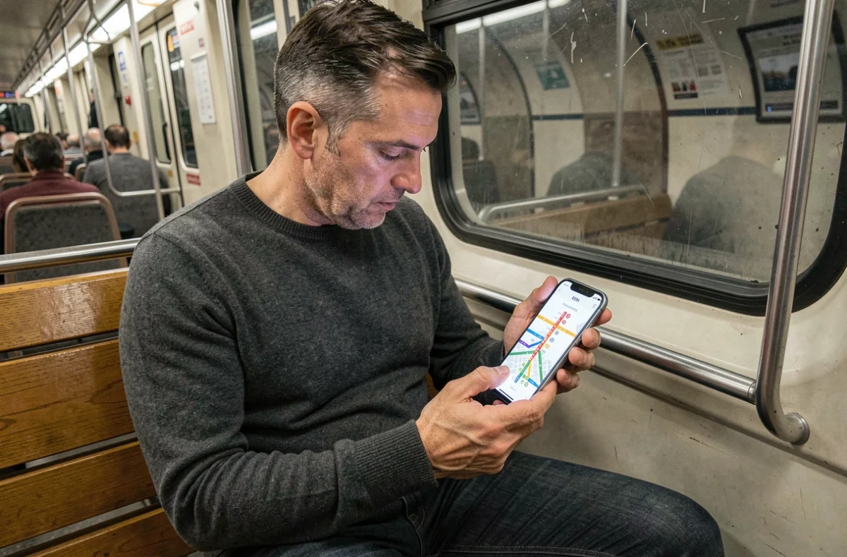 Homme consultant le plan du RER parisien sans publicité sur smartphone dans un train