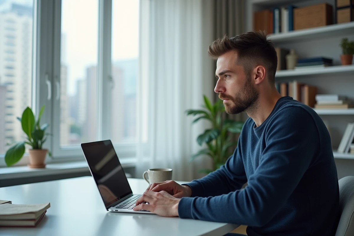Homme parcourant des profils sur un site de rencontres depuis son bureau à domicile