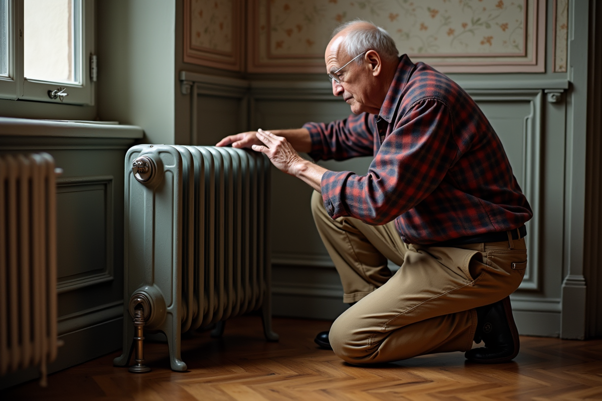 Homme âgé touchant un radiateur en vieux fer dans un appartement parisien