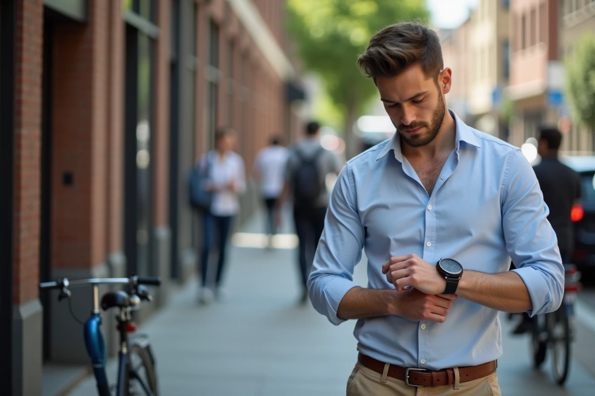 Jeune homme vérifiant sa montre dans une rue urbaine
