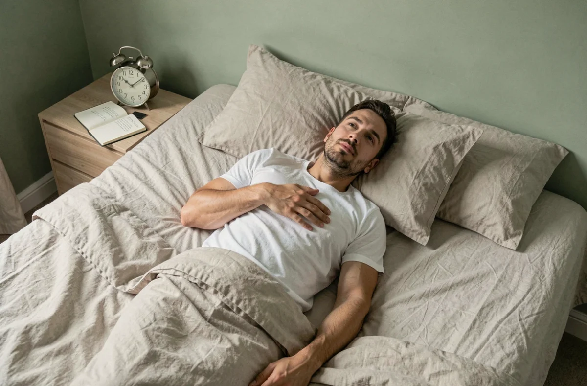 Homme allongé sur un lit en lin dans un état de demi-sommeil rêveur, carnet de notes et horloge vintage évoquant les rêves et messages de l'univers