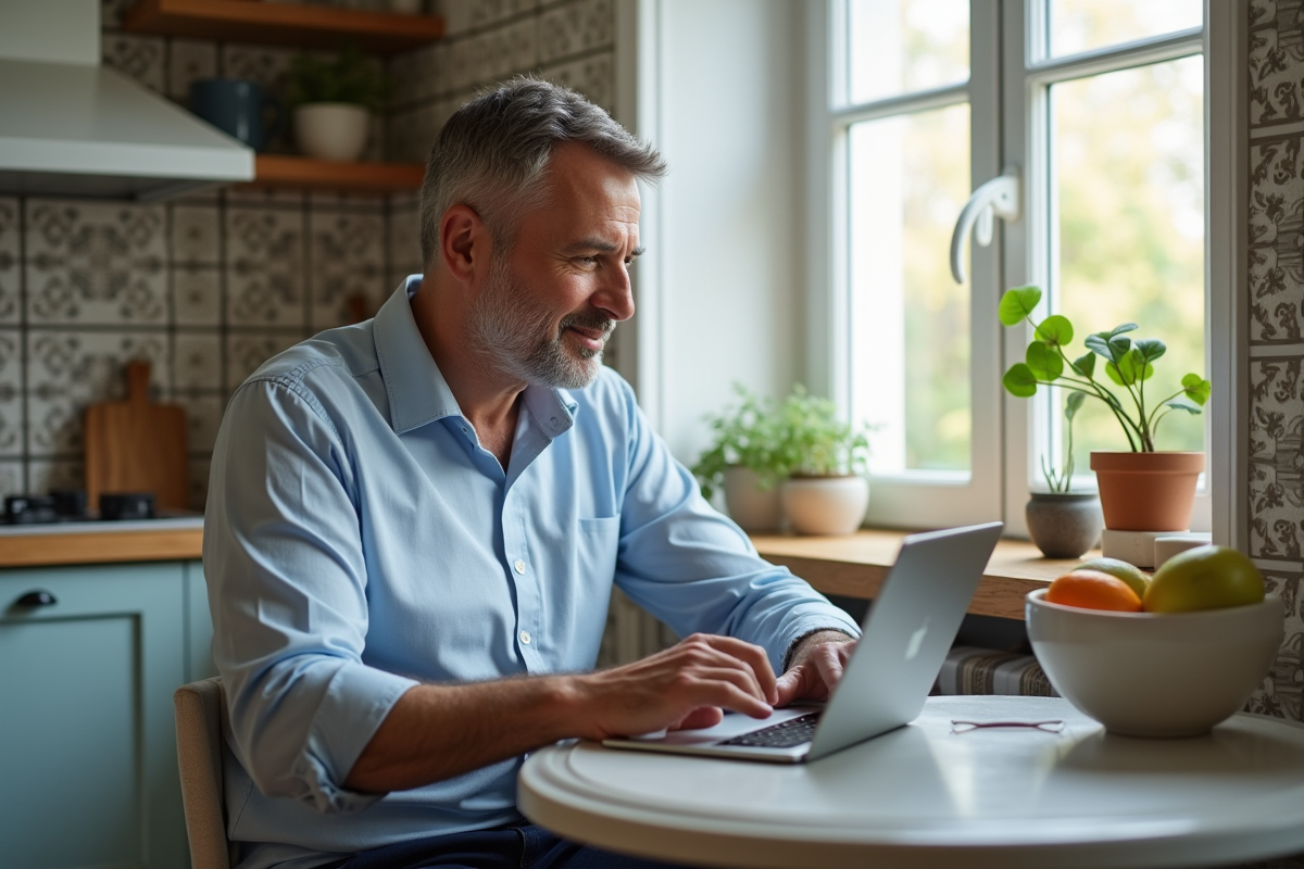 Homme organisant son emploi du temps dans la cuisine