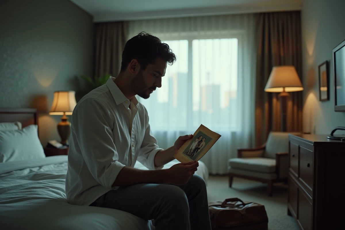 Homme seul dans une chambre d'hôtel tenant une photo de couple, illustrant la solitude et l'amour à distance