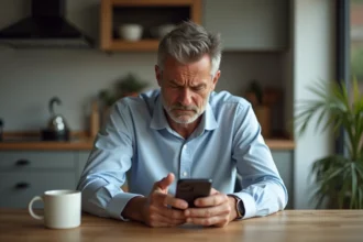 Homme d'âge moyen regardant son smartphone à la maison